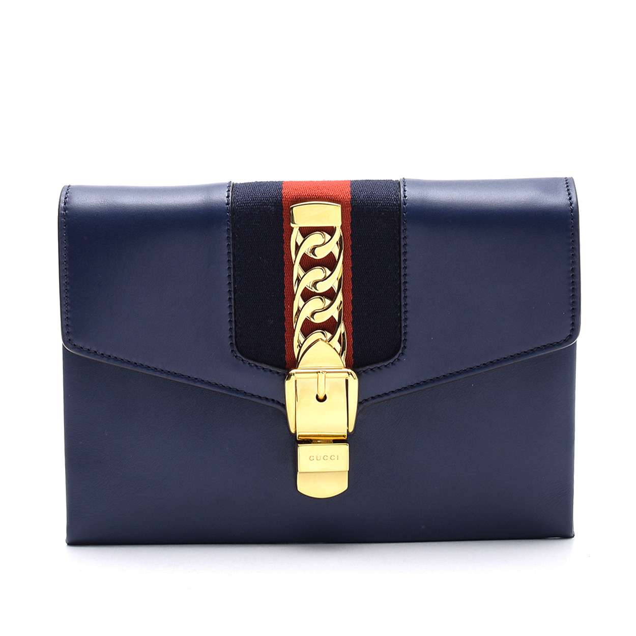 Gucci - Navy Blue Sylive Signature Webbing and Curb Chain Clutch